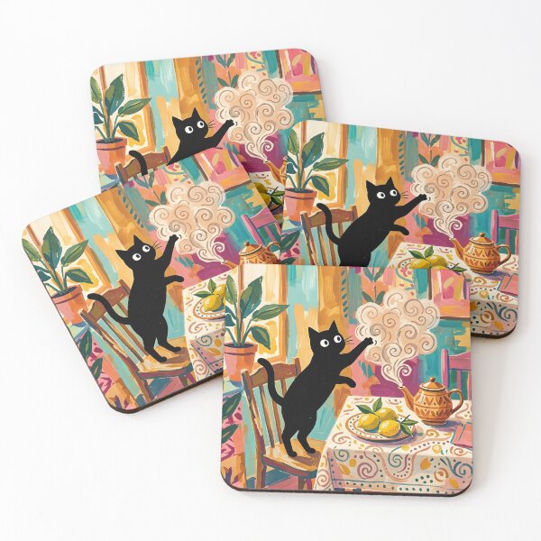 Item preview, Curious Black Cat Swatting Teapot Steam Matisse Style Print designed and sold by DuckOddity.