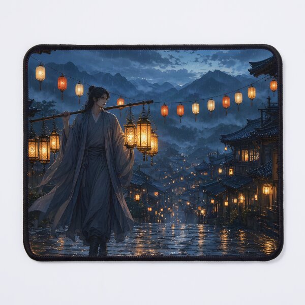 Item preview, Wandering Merchant in Mountain Village at Blue Hour designed and sold by sigmaartstudio.