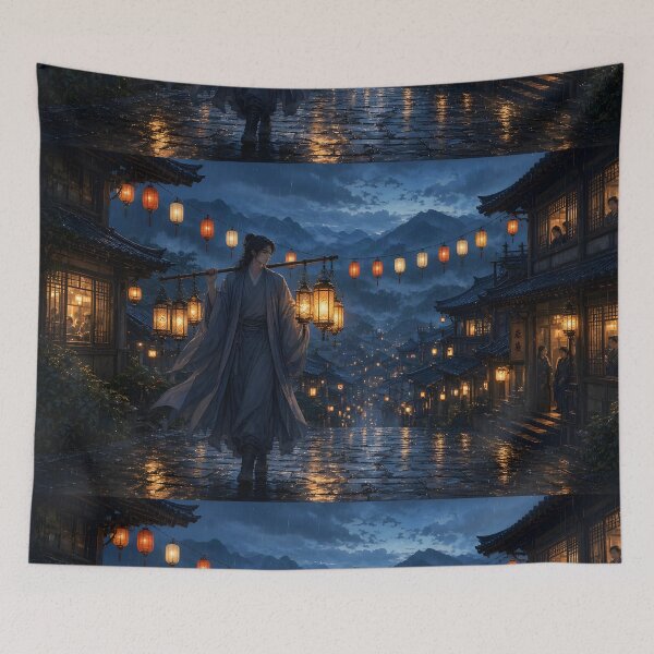 Item preview, Wandering Merchant in Mountain Village at Blue Hour designed and sold by sigmaartstudio.