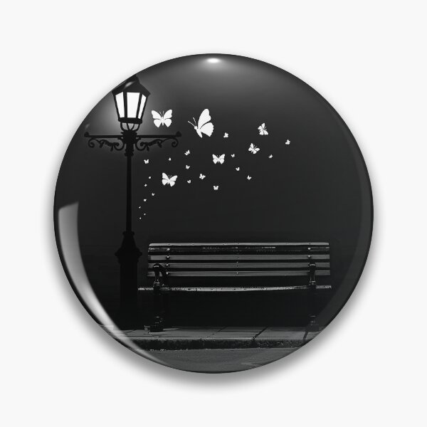 Item preview, Butterflies by a Street Lamp and Park Bench Dreamy Black and White Night Art designed and sold by inkoutninja.