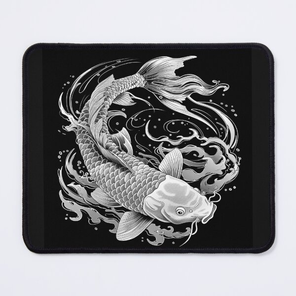 Item preview, Japanese Koi Fish with Waves Black and White Tattoo Style Art designed and sold by inkoutninja.
