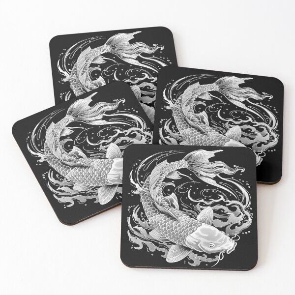 Item preview, Japanese Koi Fish with Waves Black and White Tattoo Style Art designed and sold by inkoutninja.