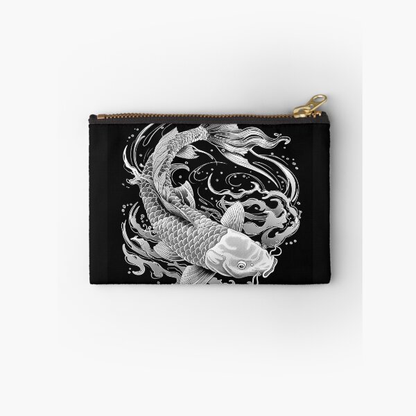 Item preview, Japanese Koi Fish with Waves Black and White Tattoo Style Art designed and sold by inkoutninja.