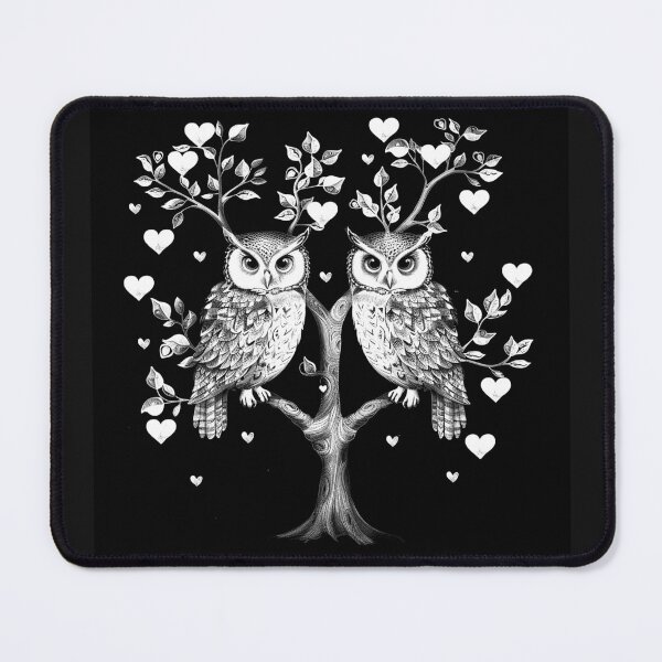 Item preview, Romantic Owl Couple in Heart Tree Woodland Love Black and White Art designed and sold by inkoutninja.