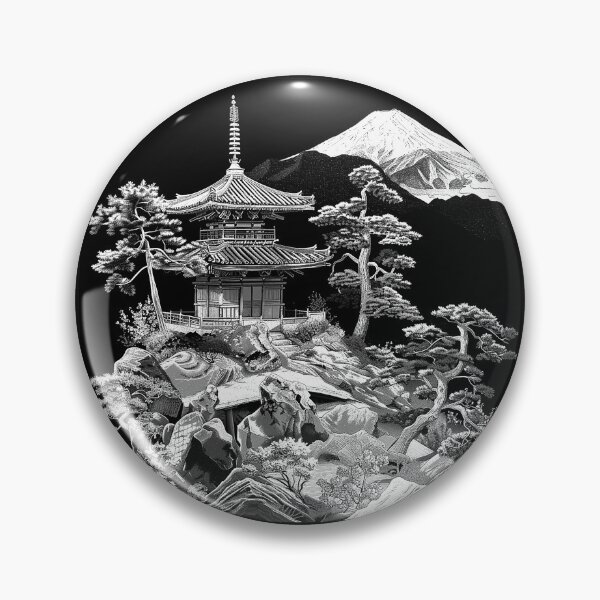 Item preview, Japanese Pagoda and Mount Fuji Black and White Zen Landscape Art designed and sold by inkoutninja.