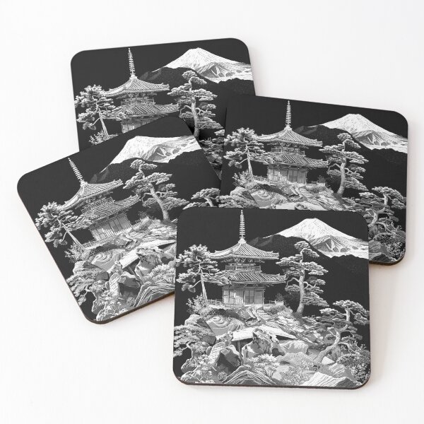 Item preview, Japanese Pagoda and Mount Fuji Black and White Zen Landscape Art designed and sold by inkoutninja.