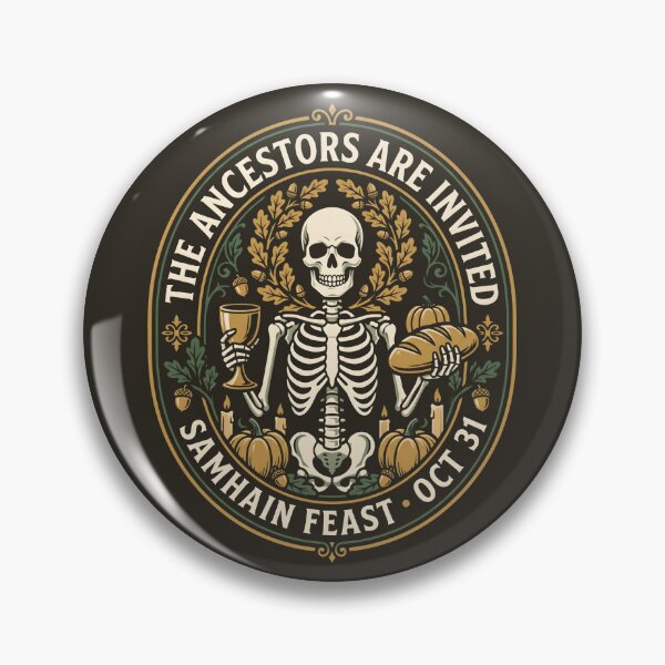 Item preview, Samhain Feast Ancestors Vintage Skeleton Badge designed and sold by SplashTastic.
