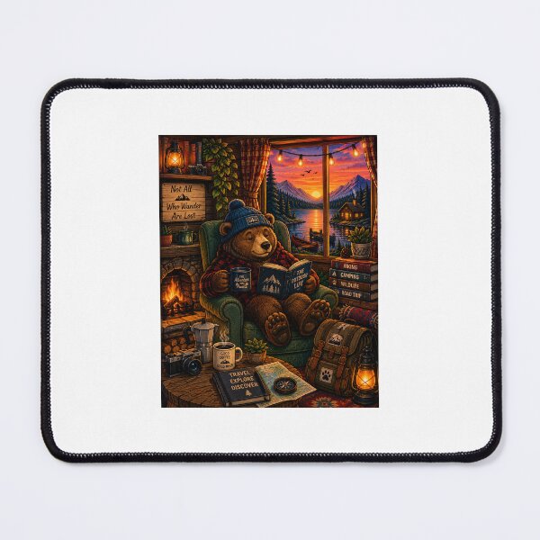 Item preview, Cozy Reading Bear in Log Cabin Sunset Mountain View designed and sold by lovepower.