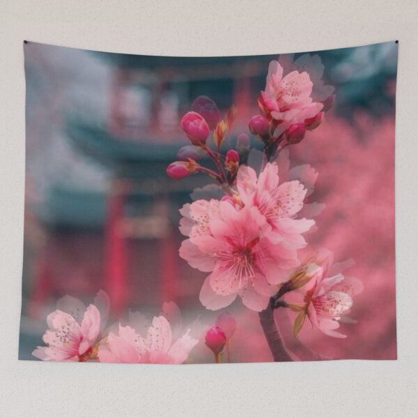 Item preview, Pink Cherry Blossom Branch & Pagoda — Dreamy Japanese Aesthetic Spring Photography designed and sold by LYAN-STORE.
