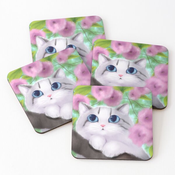 Item preview, Big-Eyed White Kitten Nestled in Pink Cherry Blossoms designed and sold by FabienneDerouin.
