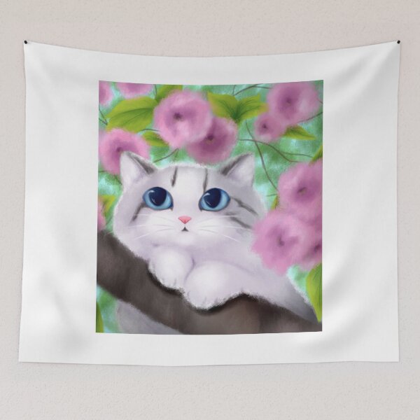 Item preview, Big-Eyed White Kitten Nestled in Pink Cherry Blossoms designed and sold by FabienneDerouin.