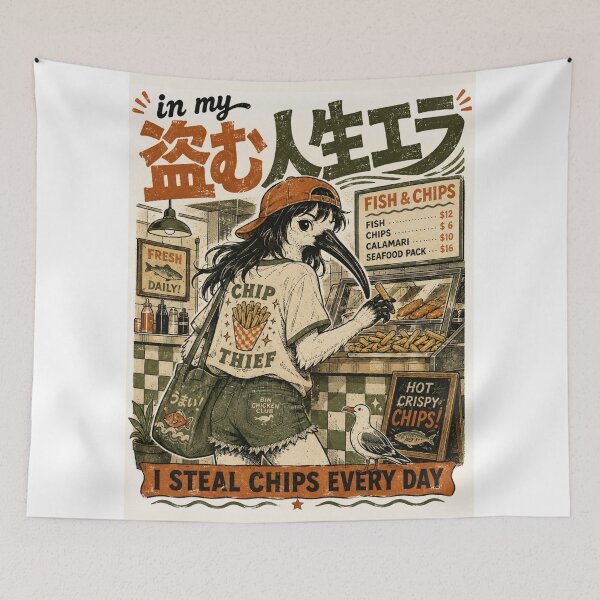 Item preview, In My Numu Era Showa Retro Bin Chicken Chip Thief Fish And Chips designed and sold by Yellowriversss.