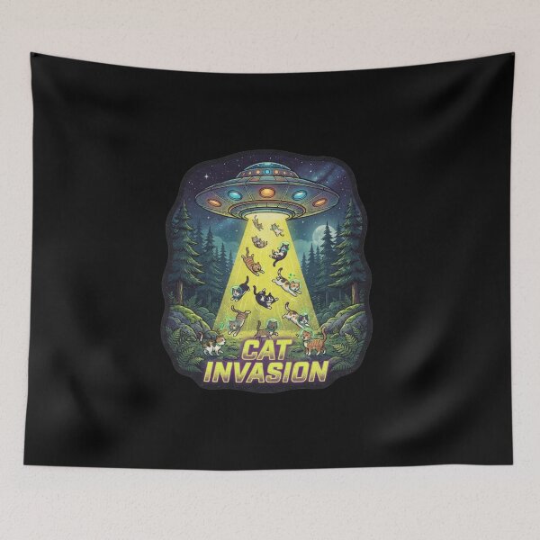 Item preview, Retro Cat Invasion UFO Alien Spaceship Night Forest designed and sold by MagicArtzz.