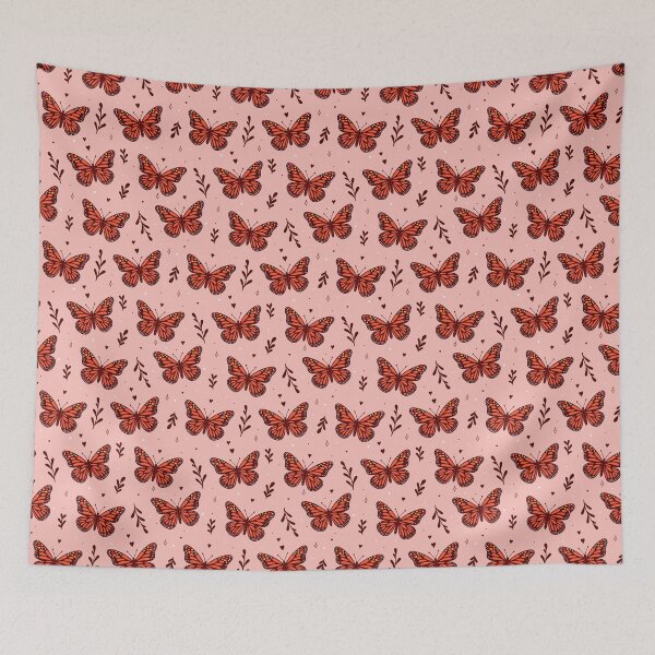 Item preview, orange monarch butterflies, branches and leaves on pink background designed and sold by burbura.