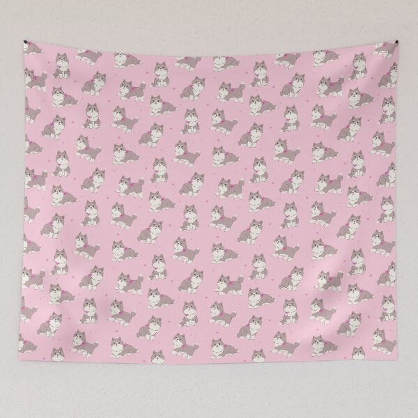 Item preview, Cute cartoon husky puppy with hearts on pink background. designed and sold by burbura.
