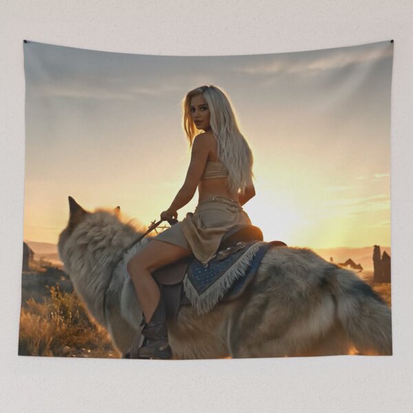 Item preview, Beautiful blonde huntress rides her wolf into the desert designed and sold by Segasprojects.