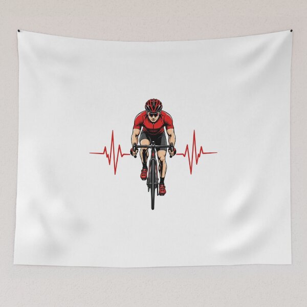 Item preview, ​A central silhouette of a cyclist in motion, seamlessly framed on both sides by a pulsing heartbeat line designed and sold by StyxIND.