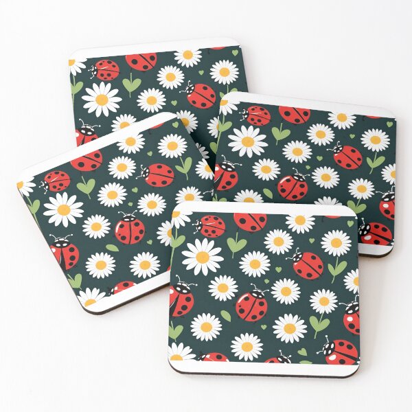 Item preview, Ladybug & Daisy Flower Pattern – Cute Red Ladybirds on Dark Green Design designed and sold by cheekylorns.