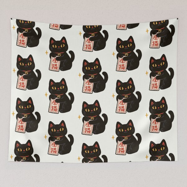 Item preview, Black Cat Japanese Fortune Talisman Linocut Kawaii Graphic T-Shirt designed and sold by Catophile.