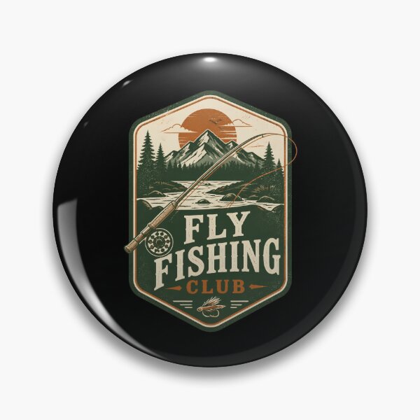 Item preview, Fly Fishing Club Retro River Mountain Badge Design designed and sold by CalmDownZone ⭐️⭐️⭐️⭐️⭐️.