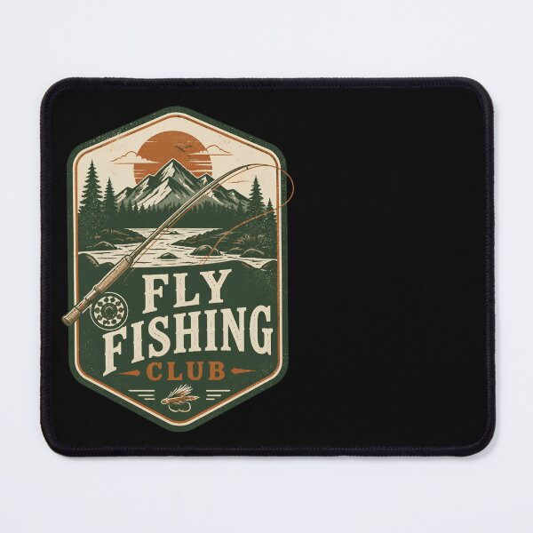 Item preview, Fly Fishing Club Retro River Mountain Badge Design designed and sold by CalmDownZone ⭐️⭐️⭐️⭐️⭐️.