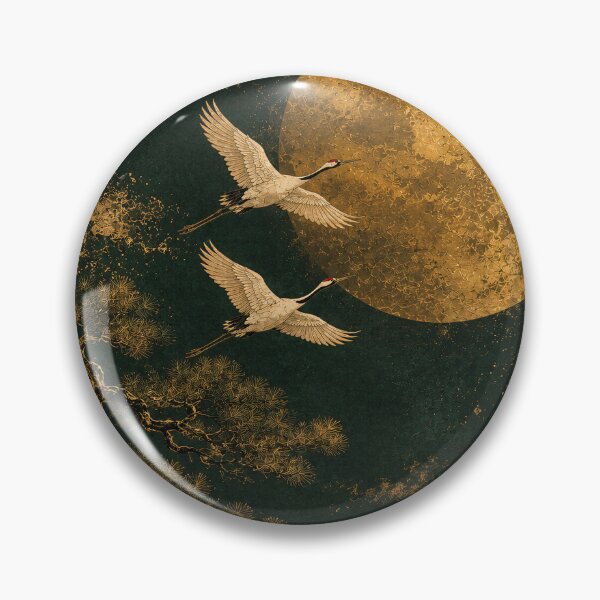 Item preview, Golden Moon Cranes Flying Dark Night Japaneses Landscape Painting designed and sold by Jozefin's Studio.