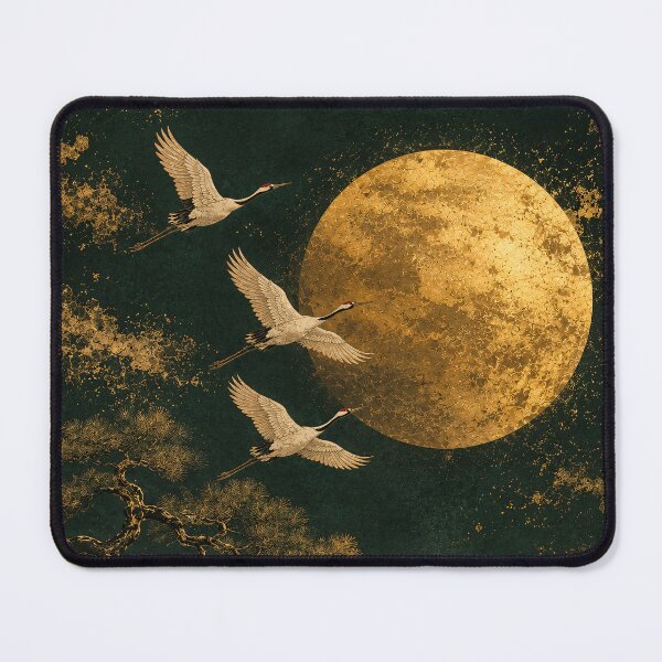 Item preview, Golden Moon Cranes Flying Dark Night Japaneses Landscape Painting designed and sold by Jozefin's Studio.