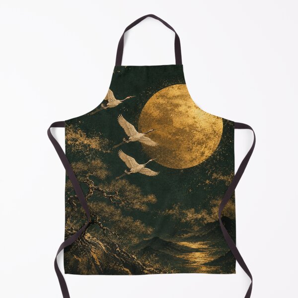 Item preview, Golden Moon Cranes Flying Dark Night Japaneses Landscape Painting designed and sold by Jozefin's Studio.