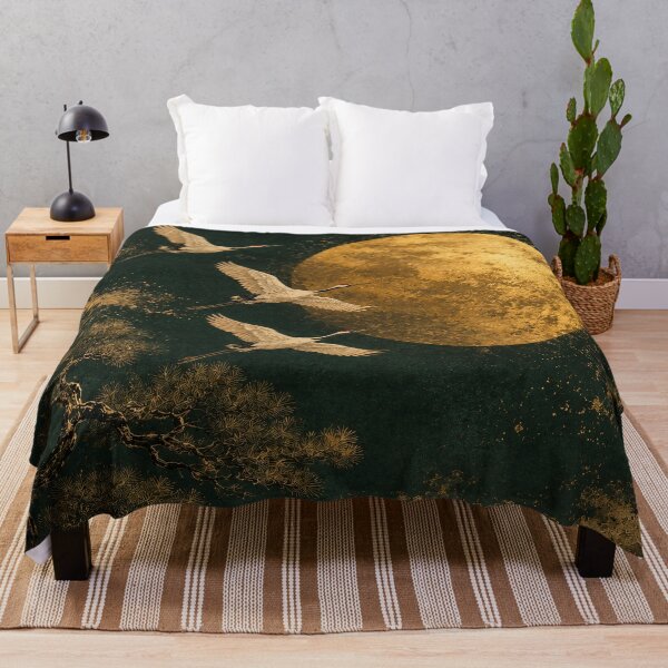 Item preview, Golden Moon Cranes Flying Dark Night Japaneses Landscape Painting designed and sold by Jozefin's Studio.