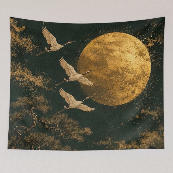Item preview, Golden Moon Cranes Flying Dark Night Japaneses Landscape Painting designed and sold by Jozefin's Studio.