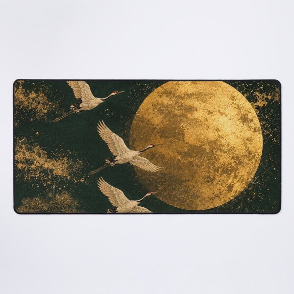 Item preview, Golden Moon Cranes Flying Dark Night Japaneses Landscape Painting designed and sold by Jozefin's Studio.