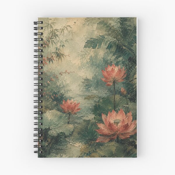 Item preview, Lotus Pond Oil Painting Pink Flowers Green Mist designed and sold by Jozefin's Studio.