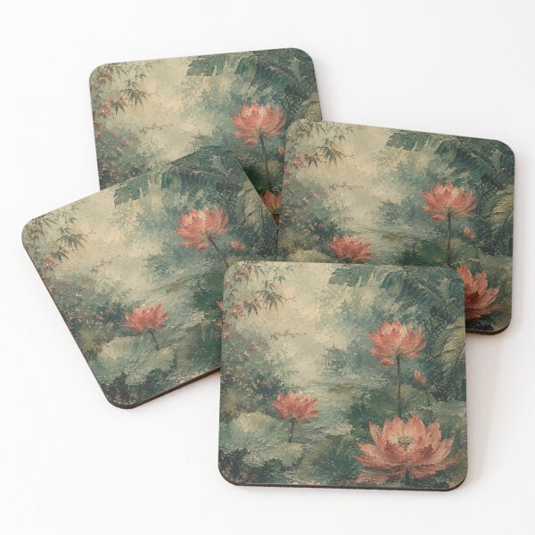 Item preview, Lotus Pond Oil Painting Pink Flowers Green Mist designed and sold by Jozefin's Studio.