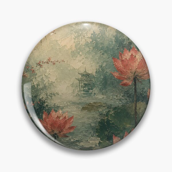 Item preview, Lotus Pond Oil Painting Pink Flowers Green Mist designed and sold by Jozefin's Studio.