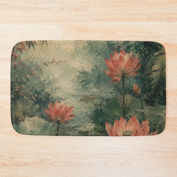 Item preview, Lotus Pond Oil Painting Pink Flowers Green Mist designed and sold by Jozefin's Studio.