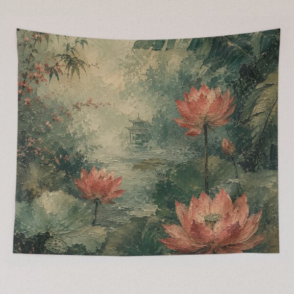 Item preview, Lotus Pond Oil Painting Pink Flowers Green Mist designed and sold by Jozefin's Studio.