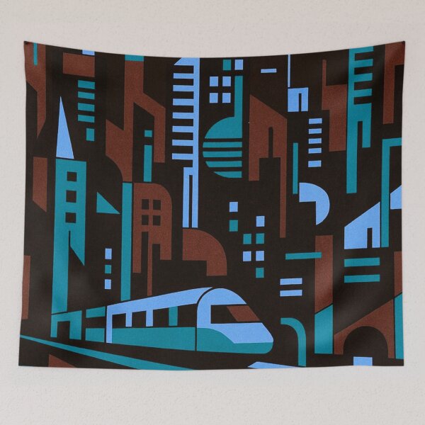 Item preview, Retro Cyberpunk Night Cityscape — Geometric Futurist Train Illustration designed and sold by LYAN-STORE.