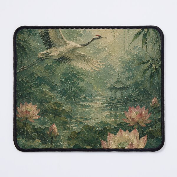 Item preview, Crane Painting Over Lotus Pond Lush Green Forest designed and sold by Jozefin's Studio.