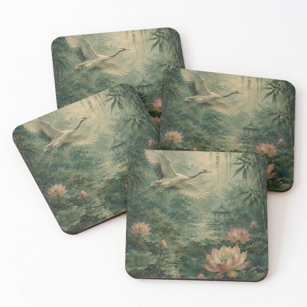 Item preview, Crane Painting Over Lotus Pond Lush Green Forest designed and sold by Jozefin's Studio.