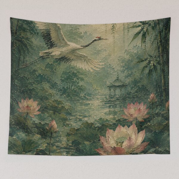 Item preview, Crane Painting Over Lotus Pond Lush Green Forest designed and sold by Jozefin's Studio.