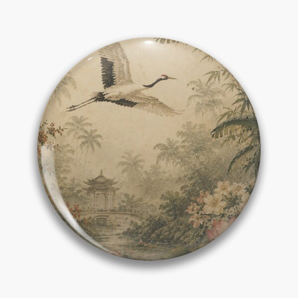Item preview, Vintage Botanical Crane Painting Lush Garden Chinoiserie designed and sold by Jozefin's Studio.