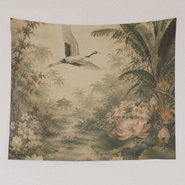 Item preview, Vintage Botanical Crane Painting Lush Garden Chinoiserie designed and sold by Jozefin's Studio.