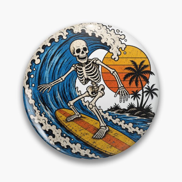 Item preview, Retro Skeleton Surfer Curling Wave Sunset Palm Trees designed and sold by Retro Surf & Roam.
