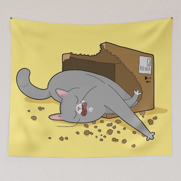 Item preview, Funny Sleeping Grey Cat In Chewed Cardboard Box Liquid Cat Art designed and sold by The Upside Down.