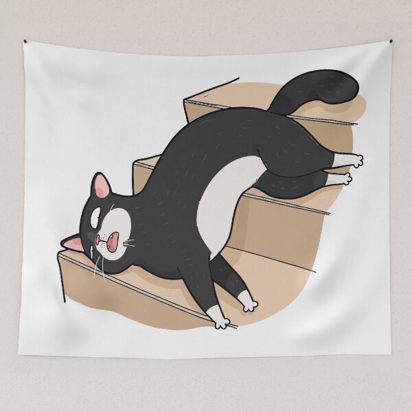 Item preview, Funny Sleeping Tuxedo Cat On Stairs Cats Are Liquid Slumping Kitty Graphic Art designed and sold by The Upside Down.