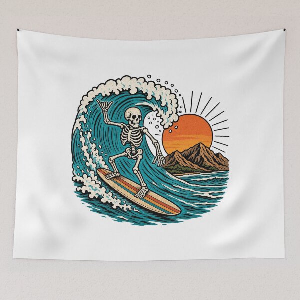 Item preview, Retro Skeleton Surfer Shaka Hand Mountain Wave Sunset designed and sold by Retro Surf & Roam.