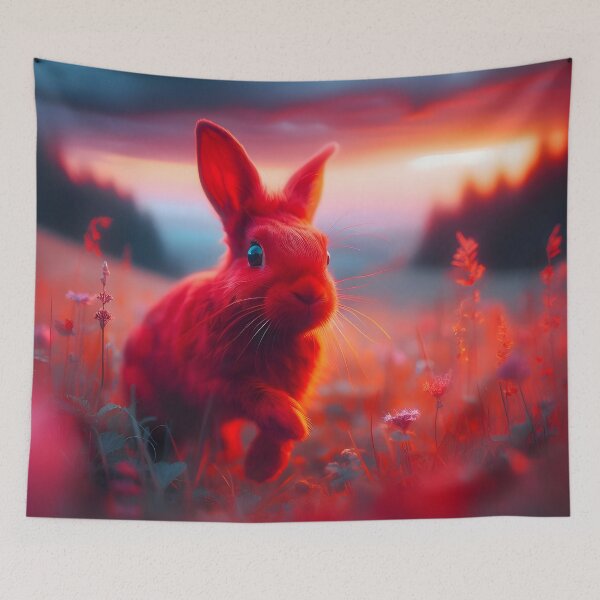 Item preview, Whimsical Red Rabbit Hopping Through Sunset Meadow designed and sold by PandaTShirtShop.
