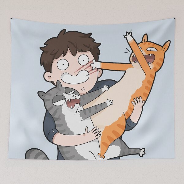 Item preview, Funny Man Breaking Up Fighting Cats Cartoon Chaos Cat Dad Graphic Art designed and sold by The Upside Down.
