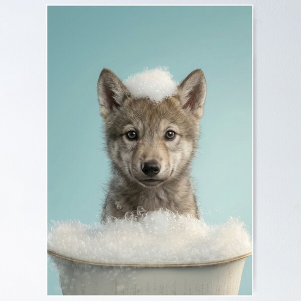 Item preview, Baby Wolf Bubble Bath Cute Nursery Bathroom Wall Art designed and sold by LazyOwlStore.