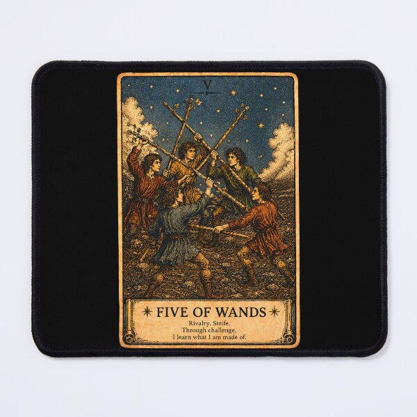 Item preview, Five of Wands Tarot Card - Mystical Competition & Challenge Illustration designed and sold by ArcanaAbsolute.